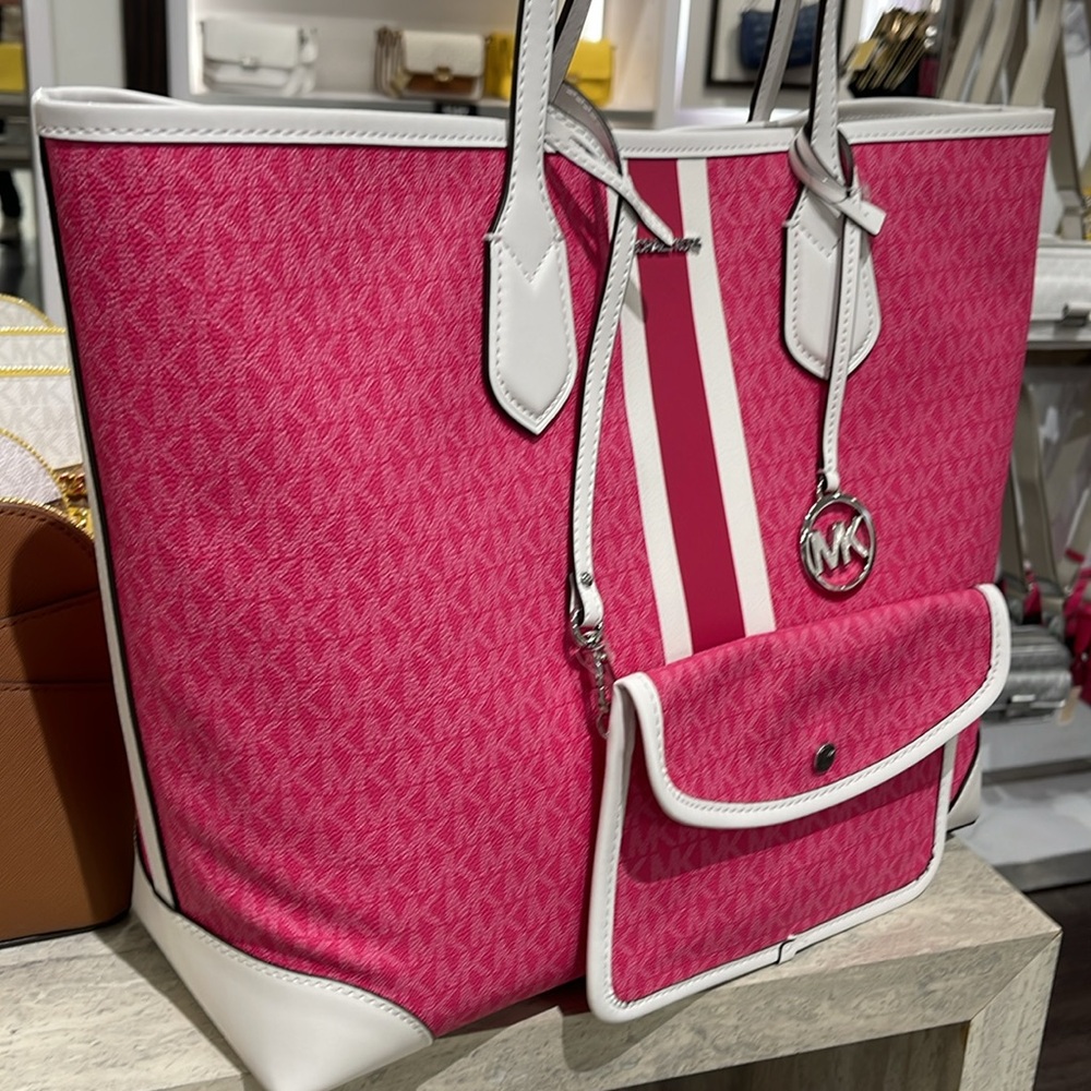 Michael Kors Eva Large Signature Logo Stripe Tote Bag Dragonfruit 
NWT - Picture 5 of 16